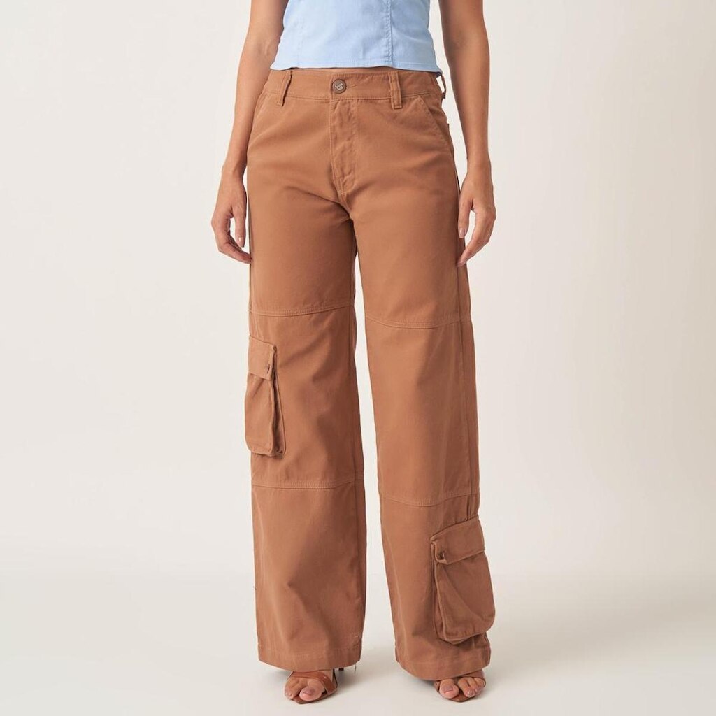 Calça Jeans Wide Cintura Alta Reta Com Bolso Fole