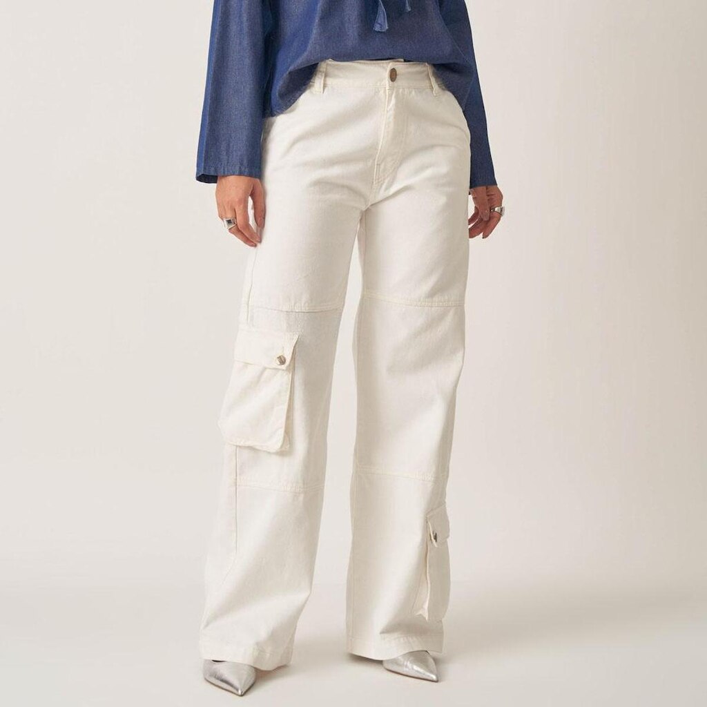 Calça Jeans Wide Cintura Alta Reta Com Bolso Fole