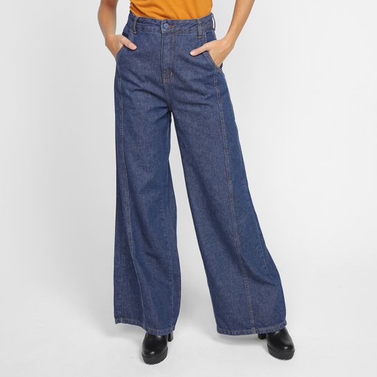 Calça Jeans Wide Leg Exco Recortes Cintura Alta Feminina - Azul Menor preço em Calça Jeans Wide Leg Exco Recortes Cintura Alta Feminina - Azul