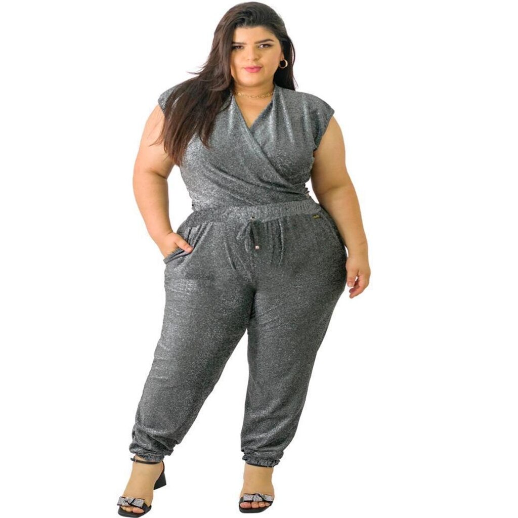 Calça Jogger Brilho Lurex Bolsos Cintura Média Plus Size