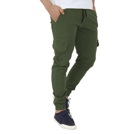 Calça Jogger Cargo Jeans Sarja Masculina Punho Bolso Lateral - Verde Menor preço em Calça Jogger Cargo Jeans Sarja Masculina Punho Bolso Lateral - Verde