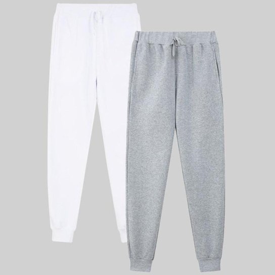 Calça Jogger de Moletom Masculina Kit 2 Peças Lisas Com Bolso Confex - Branco+Cinza Menor preço em Calça Jogger de Moletom Masculina Kit 2 Peças Lisas Com Bolso Confex - Branco+Cinza