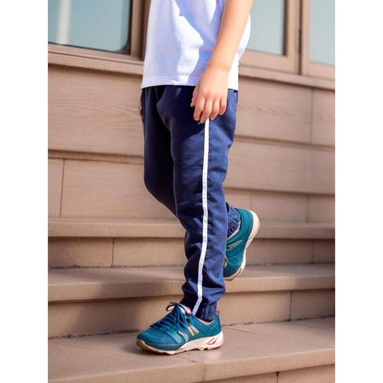 Calça Jogger Infantil Tactel Elástico na Barra - Azul Menor preço em Calça Jogger Infantil Tactel Elástico na Barra - Azul