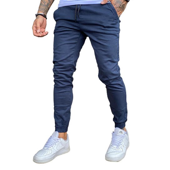 Calça Jogger Jeans Sarja Masculina Com Punho Cós Elástico - Marinho