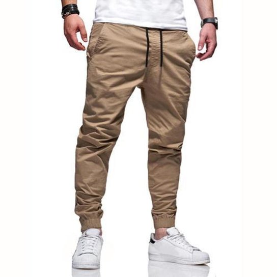 Calça Jogger Jeans Sarja Masculina Com Punho Elástico Casual - Bege Menor preço em Calça Jogger Jeans Sarja Masculina Com Punho Elástico Casual - Bege