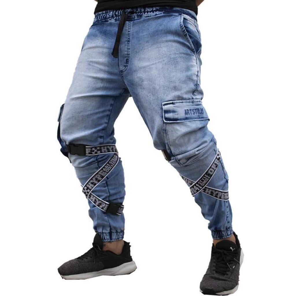 Calça Jogger Masculina JEANS AZUL Com Fitas BRANCA