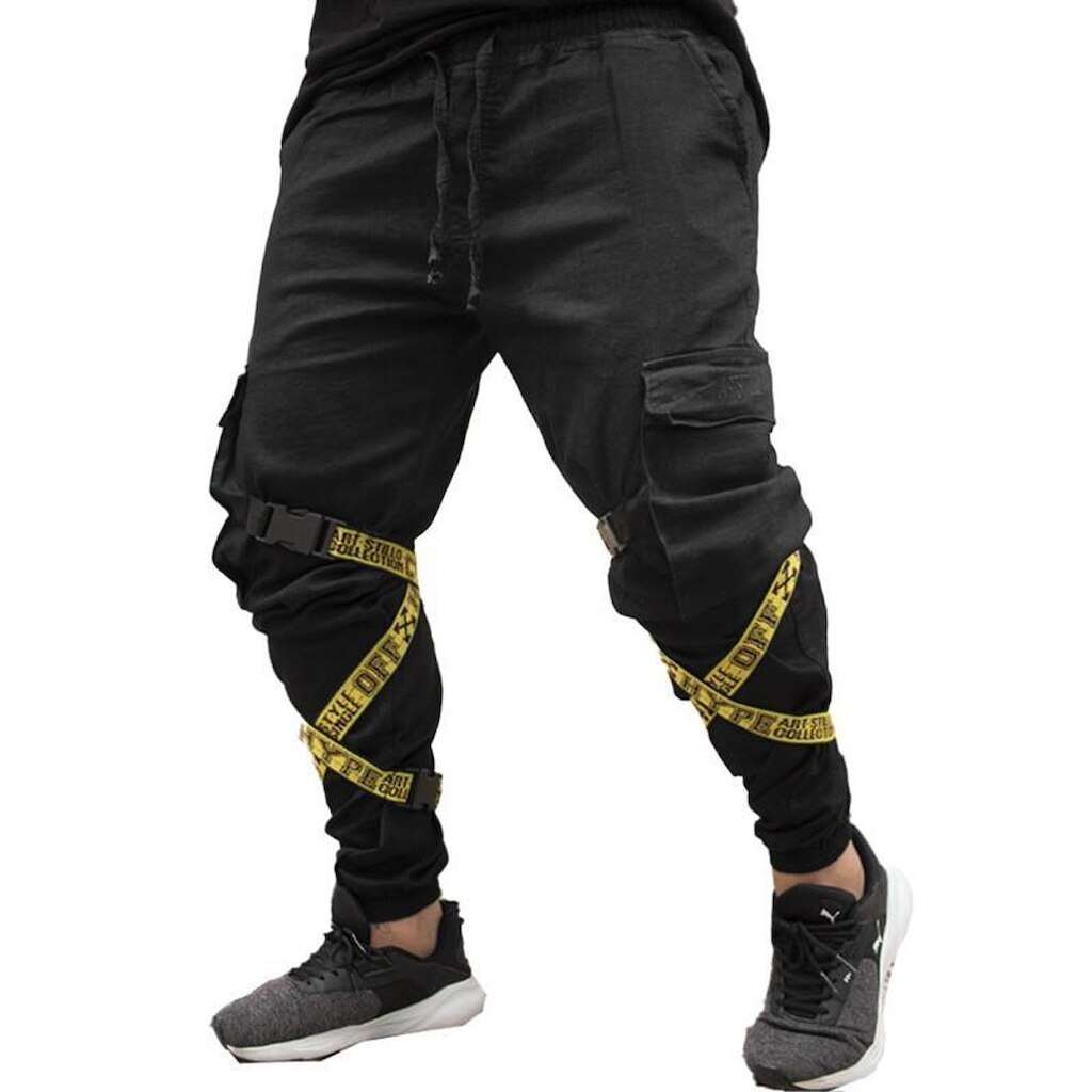 Calça Jogger Masculina PRETA Com Fitas AMARELA
