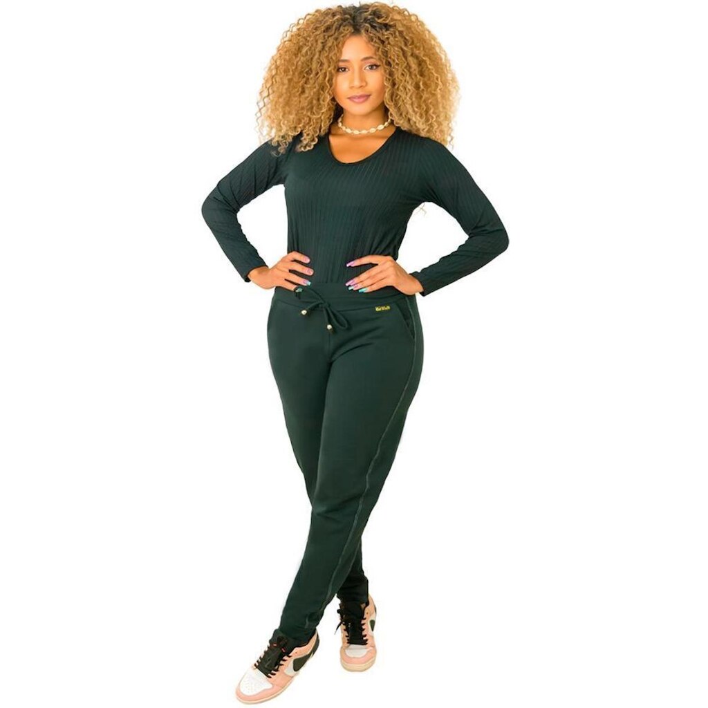 Calça Jogger Moletinho Feminina Faixa Com Bolso Preta