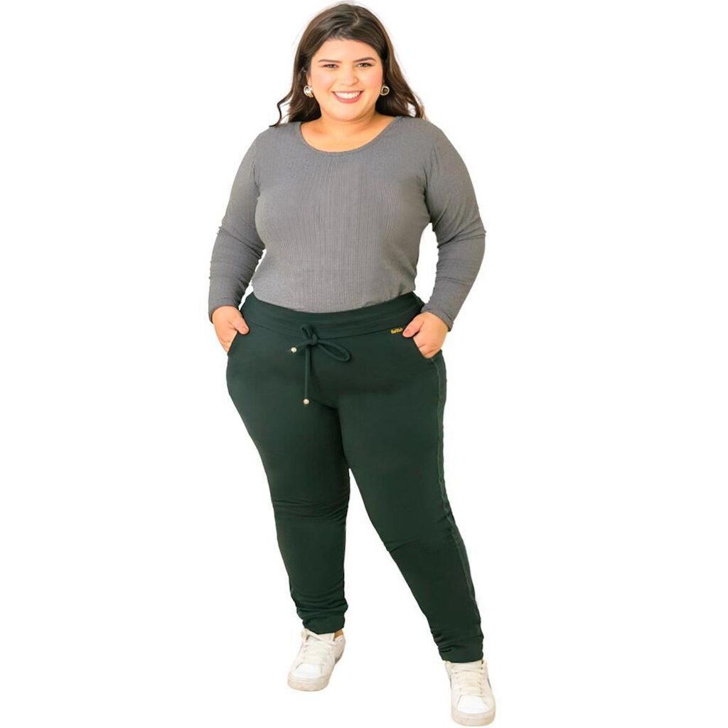 Calça Jogger Moletinho Plus Size Feminina Faixa Com Bolso Preta