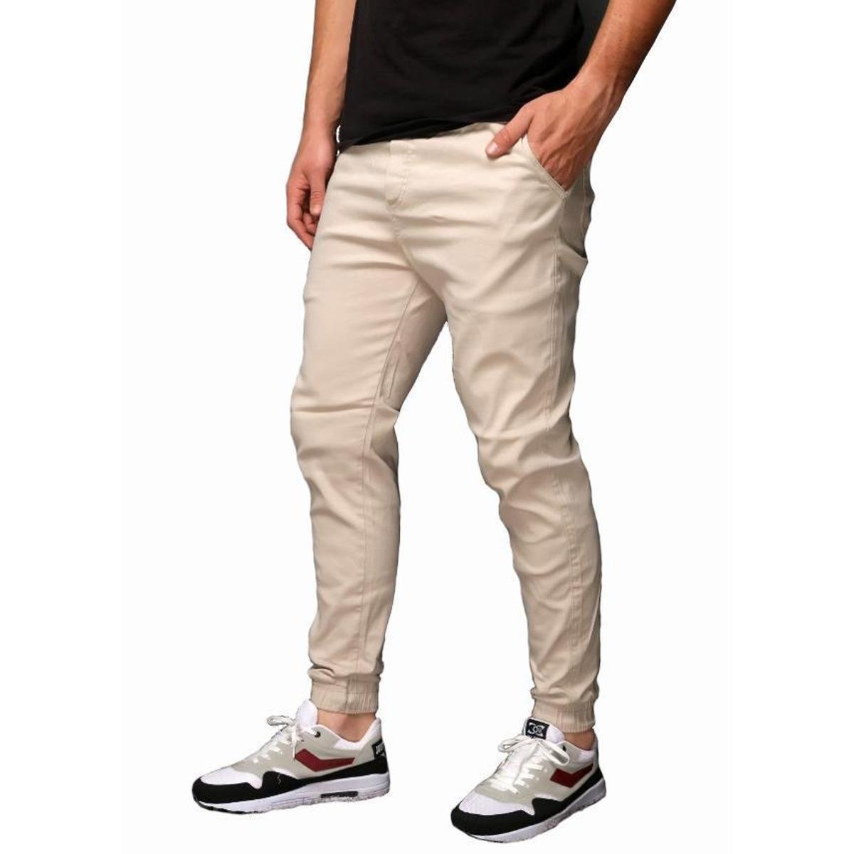 Calça Jogger Sarja Masculina Skinny Com Punho-CAQUI-P