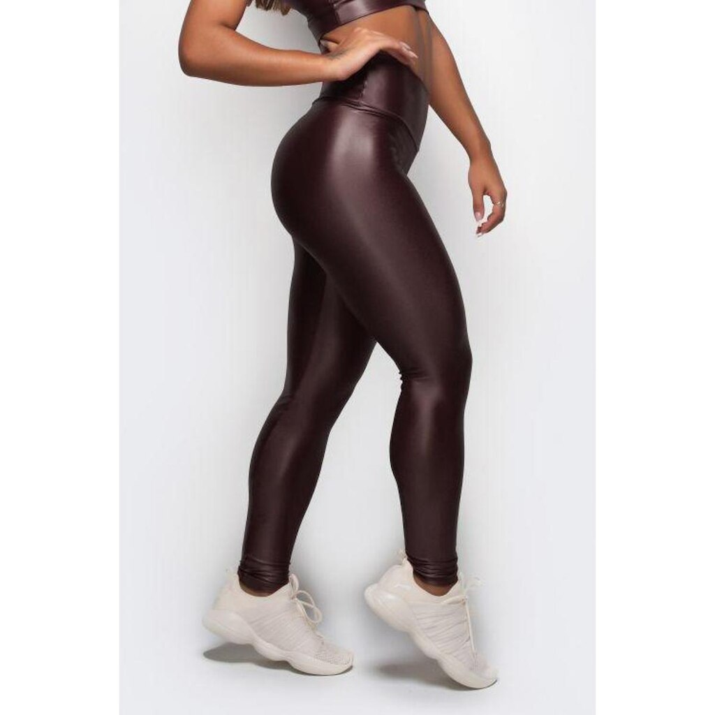Calça Legging Cirre Cintura Alta Brilho Molhado Couro