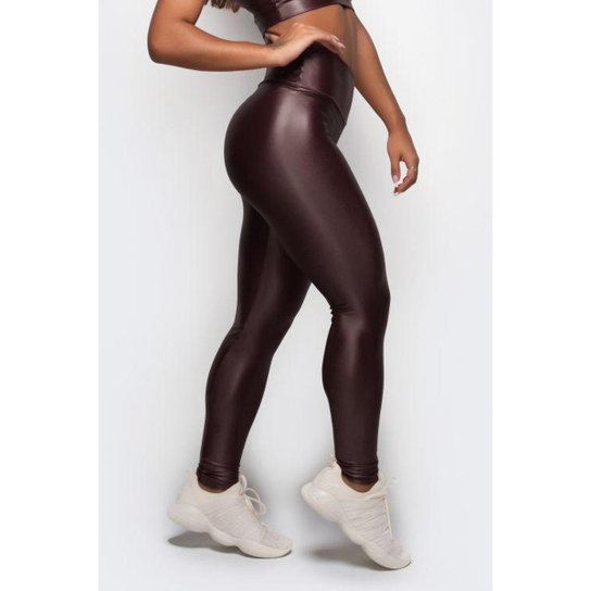 Calça Legging Cirre Cintura Alta Brilho Molhado Couro Marrom