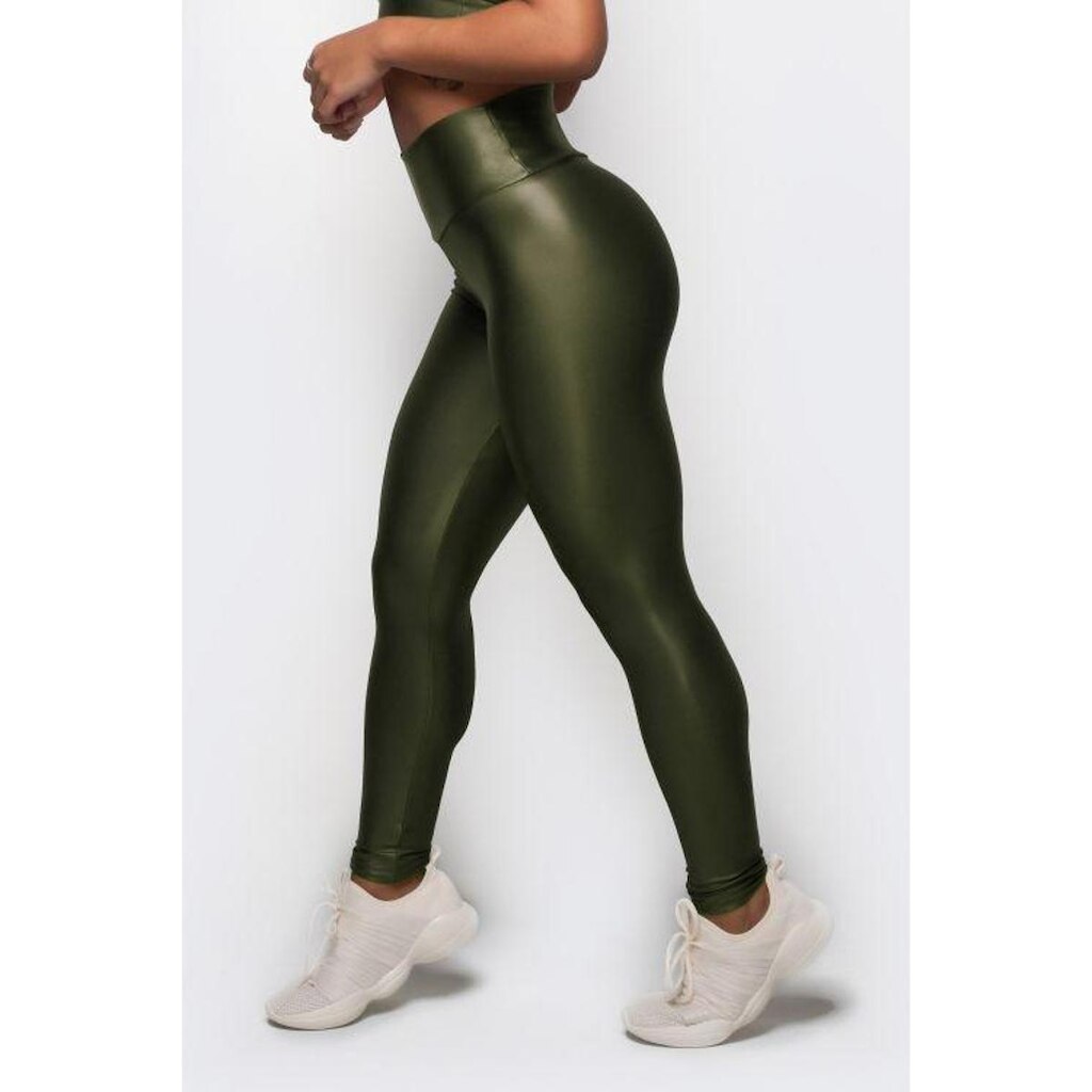 Calça Legging Cirre Cintura Alta Brilho Molhado Couro