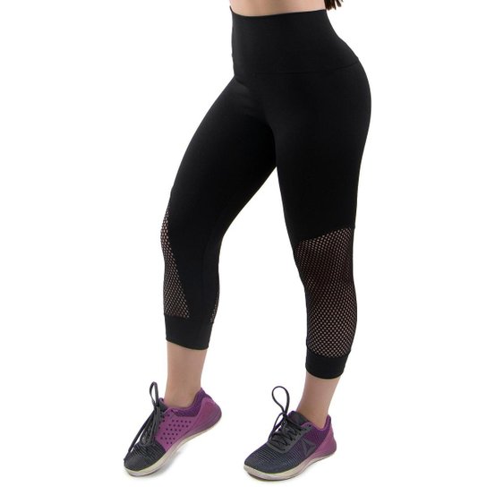 Calça Legging Corsário Com Tela RLC Moda Fitness Cintura Alta Furadinha - Preto Menor preço em Calça Legging Corsário Com Tela RLC Moda Fitness Cintura Alta Furadinha - Preto