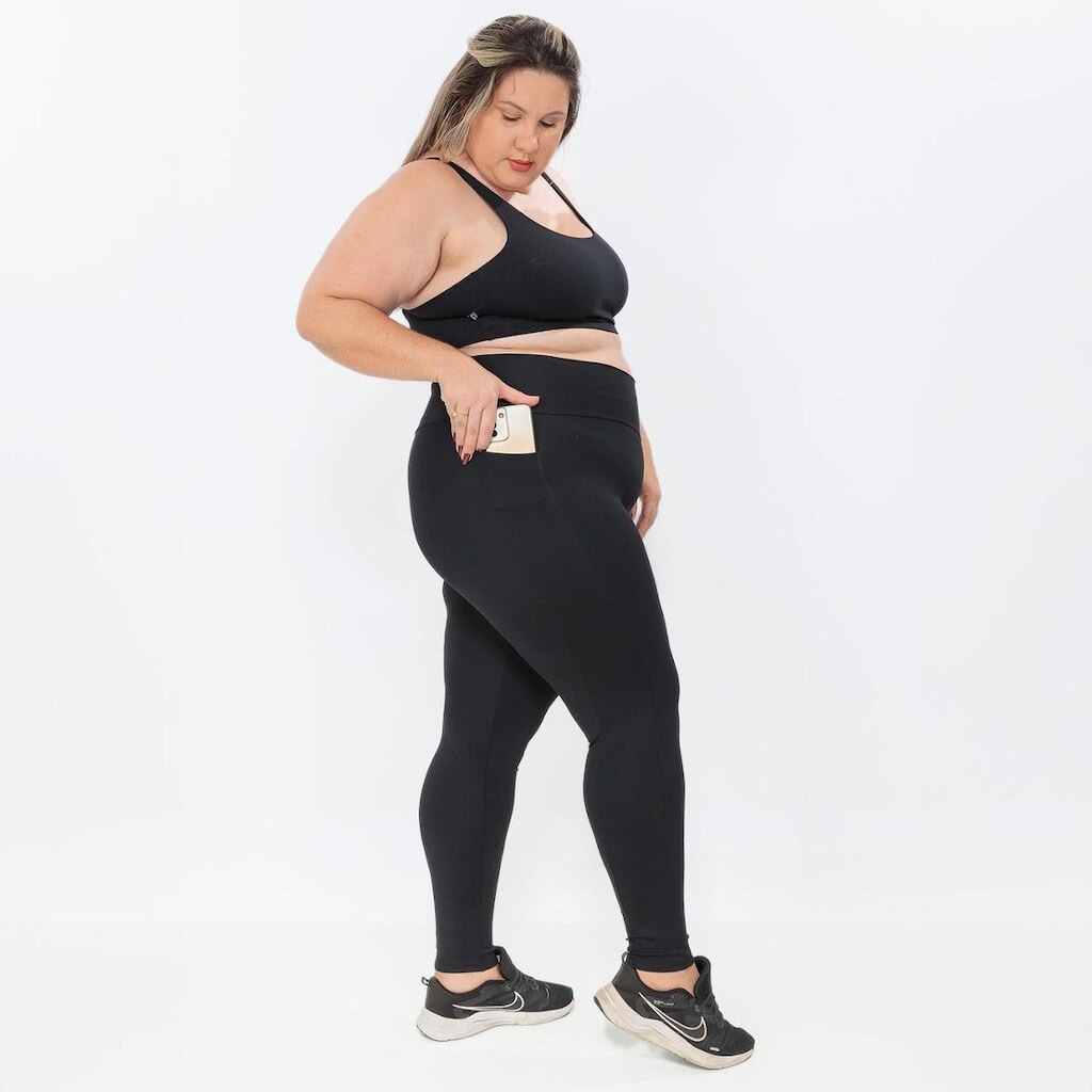 Calça Legging Cós Largo Preto com Bolso na Lateral