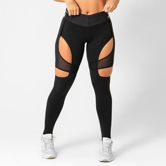 Calça Legging Feminina Preta Detalhes Tule Sport