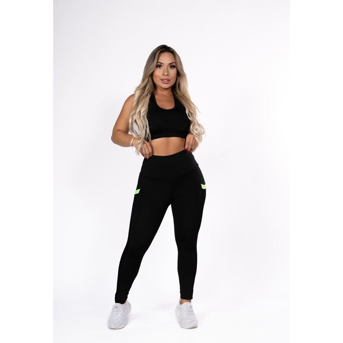 Calça Legging Fitness com Bolso Verde Academia Preta