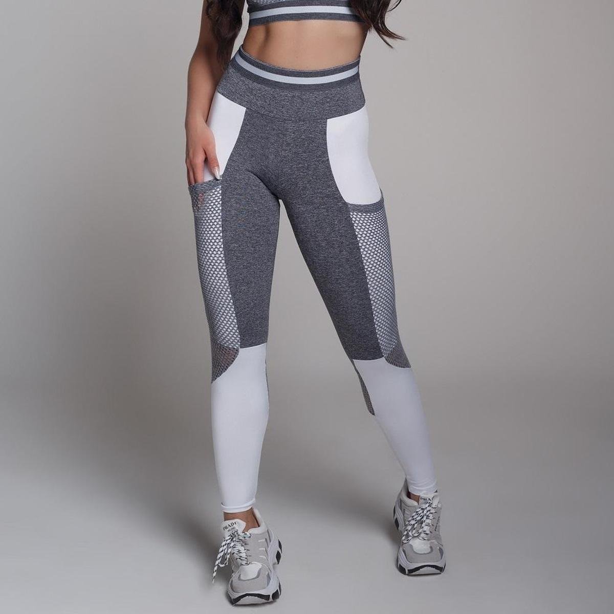 Calça Legging Fitness CVL Yasmin - Chumbo+Branco | Netshoes