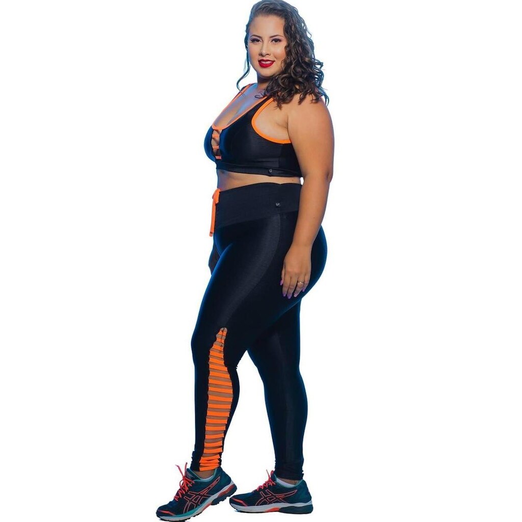 Calça Legging Fitness Daring Plus Size - Preto e Laranja - G2