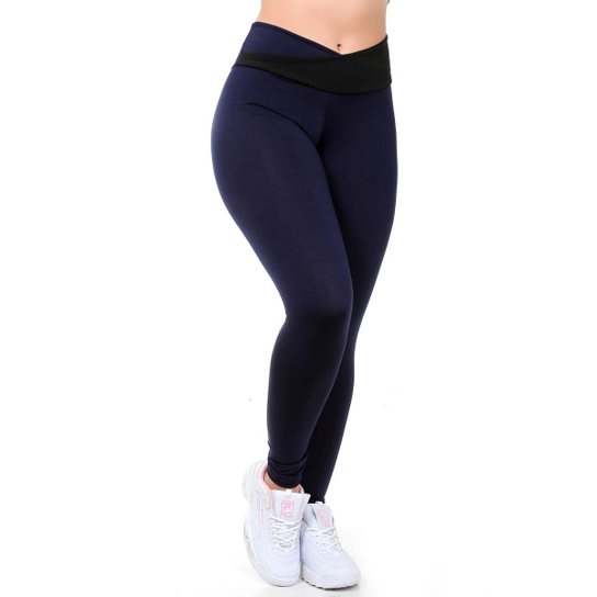 Calça Legging Fitness Galvic Detalhe Cós Cruzado - Azul+Preto Menor preço em Calça Legging Fitness Galvic Detalhe Cós Cruzado - Azul+Preto