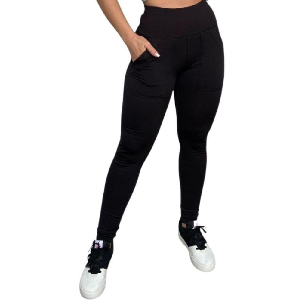 Calça Legging Flanelada Cintura Alta Com Bolsos Frontais