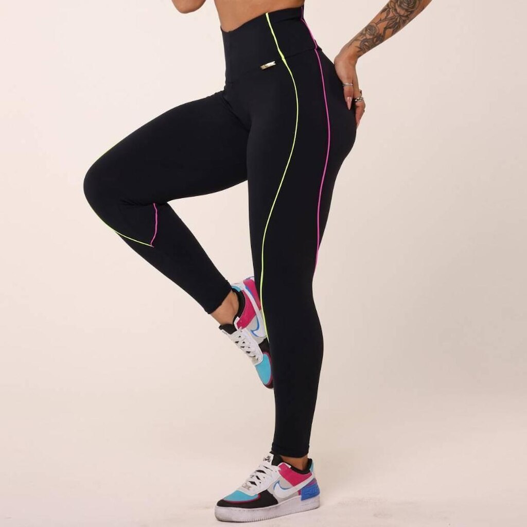 Calca Legging Hope Comum Preta com Amarelo Neon e Violeta