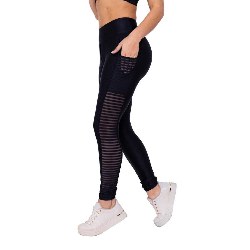 Calça Legging Poliamida 3D Com Renda e Bolso Lateral