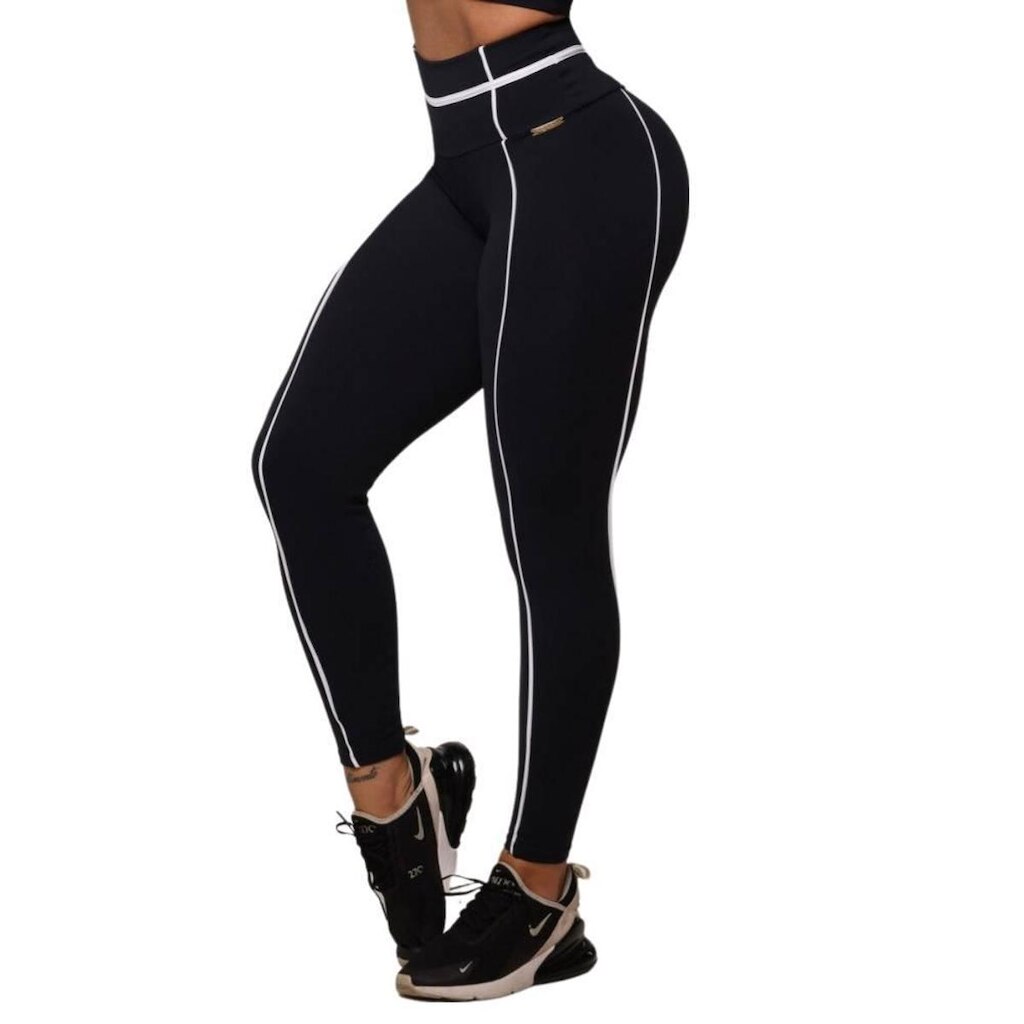 Calca Legging Queens Empina Bumbum Preta com Branco Moving