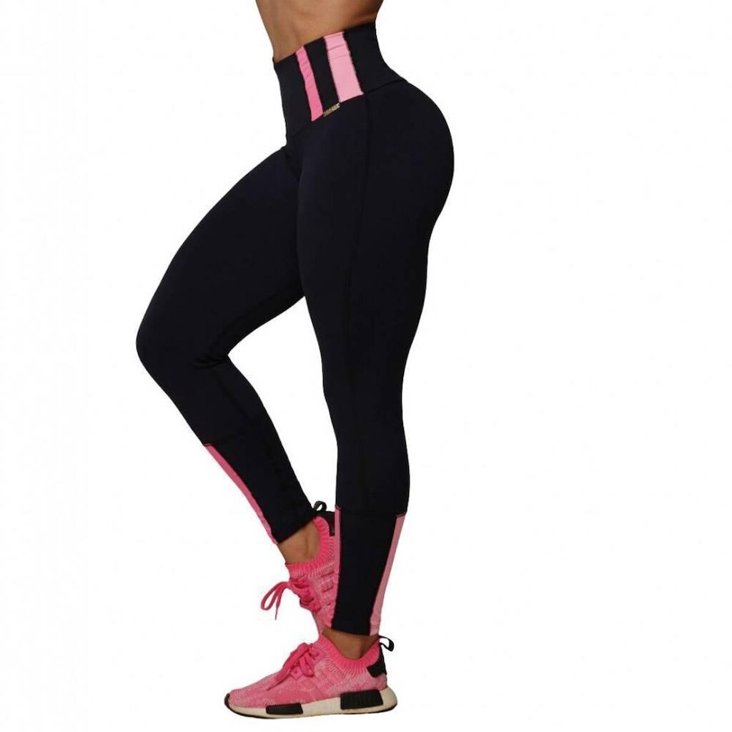 Calca Legging Stripes Empina Bumbum Preta com Rosa Moving
