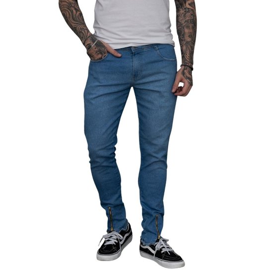 Calça Masculina Jeans Super Skinny Com Ziper na Barra Power Elastano Premium - Azul Claro Menor preço em Calça Masculina Jeans Super Skinny Com Ziper na Barra Power Elastano Premium - Azul Claro