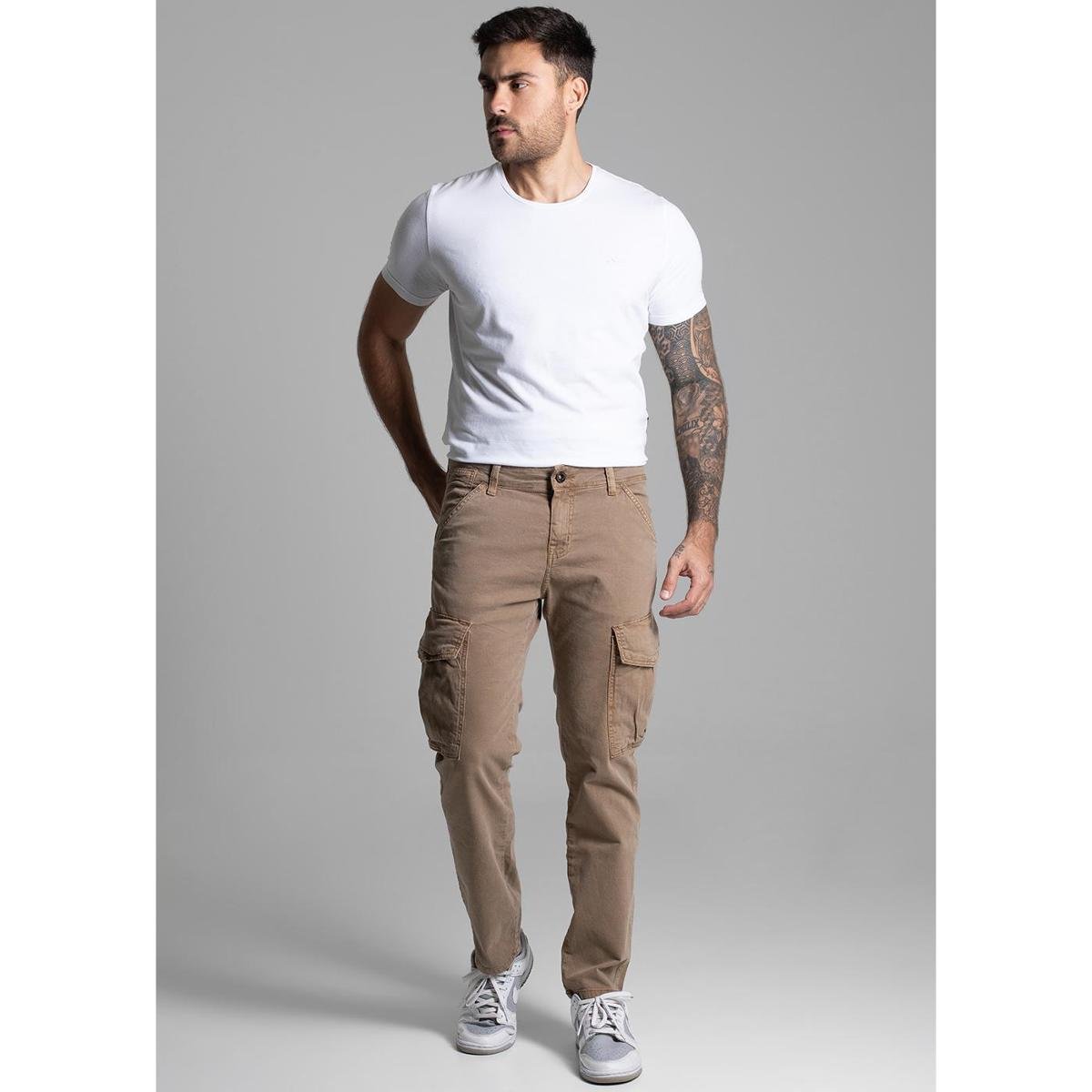 Calça Masculina Sarja Cargo - Cáqui | Netshoes