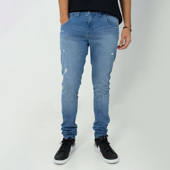 Calça Masculina Skinny Jeans Claro Detalhe Rasuras Ogochi - Azul Menor preço em Calça Masculina Skinny Jeans Claro Detalhe Rasuras Ogochi - Azul