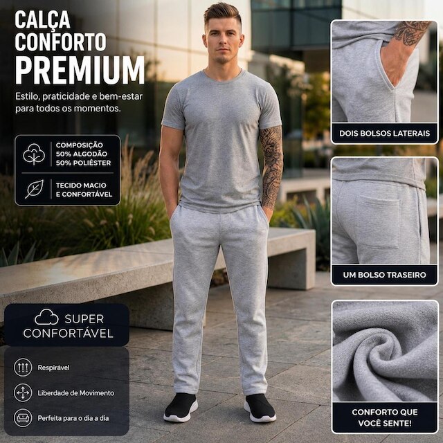 Calça Moletinho masculina esportiva 3 bolsos cós c/ elastico