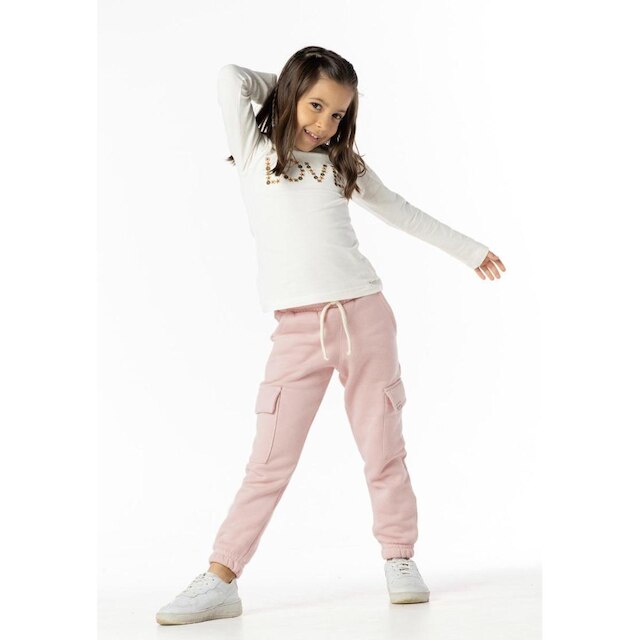 Calça Moletom Jogger Cargo Infantil Menina Bolso Punho Rosa