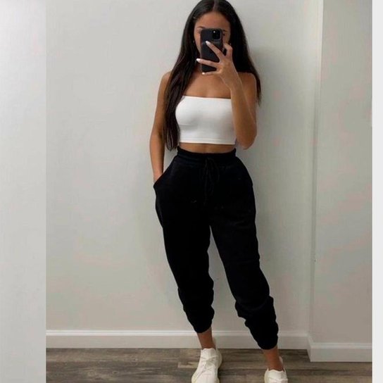 Calça Moletom Jogger Feminina Algodão Flanelada Dia a Dia - Preto Menor preço em Calça Moletom Jogger Feminina Algodão Flanelada Dia a Dia - Preto