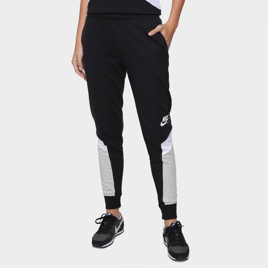 Calça Moletom Nike Heritage Jogger Flc Feminina - Preto+Cinza Menor preço em Calça Moletom Nike Heritage Jogger Flc Feminina - Preto+Cinza