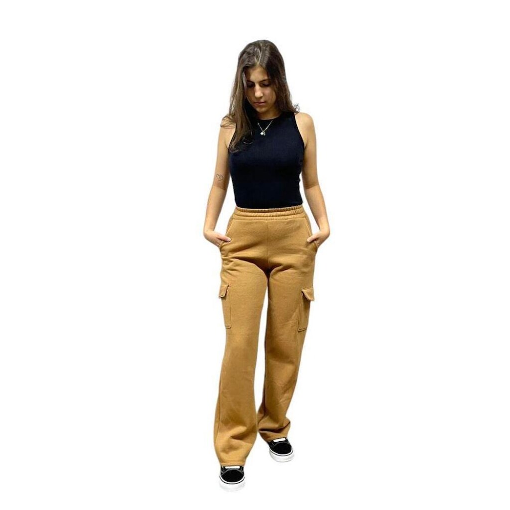 Calça Moletom Reta Cargo Marron- Riu Kiu - PP - Marrom