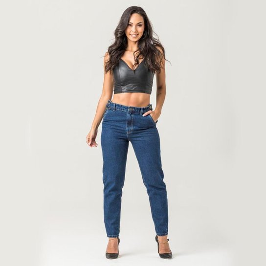 Calça Mom Feminina Jeans Cintura Alta Cós Elástico Casual - Azul Escuro Menor preço em Calça Mom Feminina Jeans Cintura Alta Cós Elástico Casual - Azul Escuro