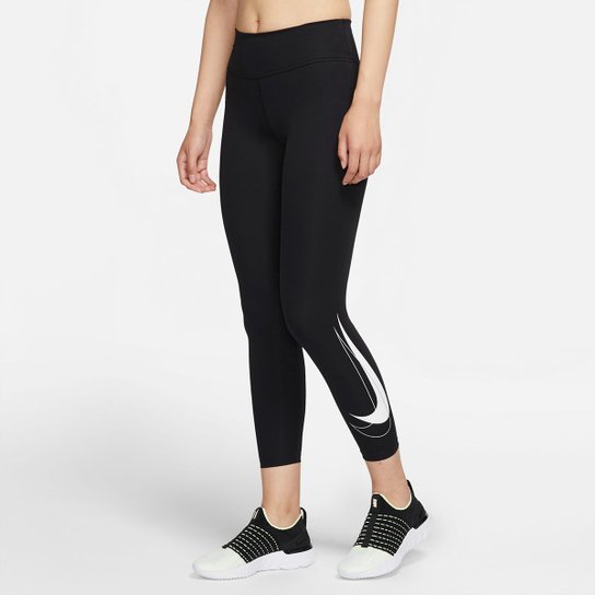 Calça Nike Swosh Run 7/8 Cintura Alta Feminina - Preto+Branco Menor preço em Calça Nike Swosh Run 7/8 Cintura Alta Feminina - Preto+Branco