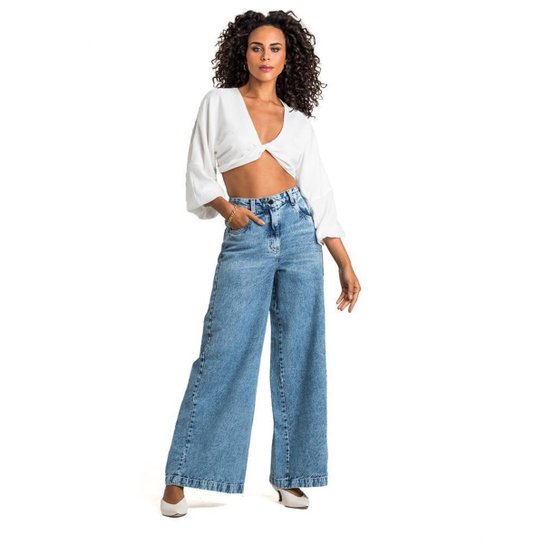 Calça Pantalona Disparate Feminina Cintura Alto Estilo Moda - Azul