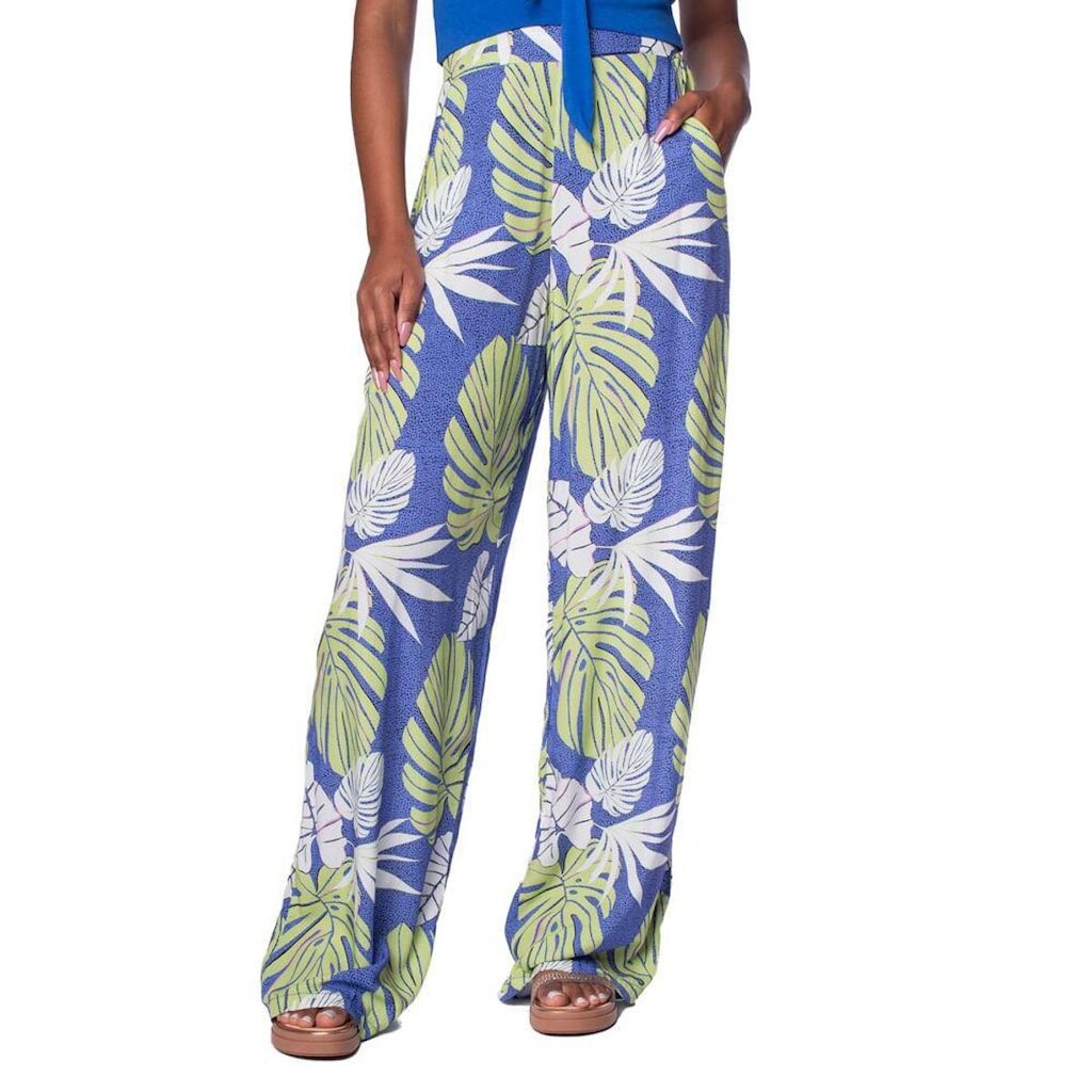 Calça Pantalona Feminina Giraffe Estampada Azul/verde