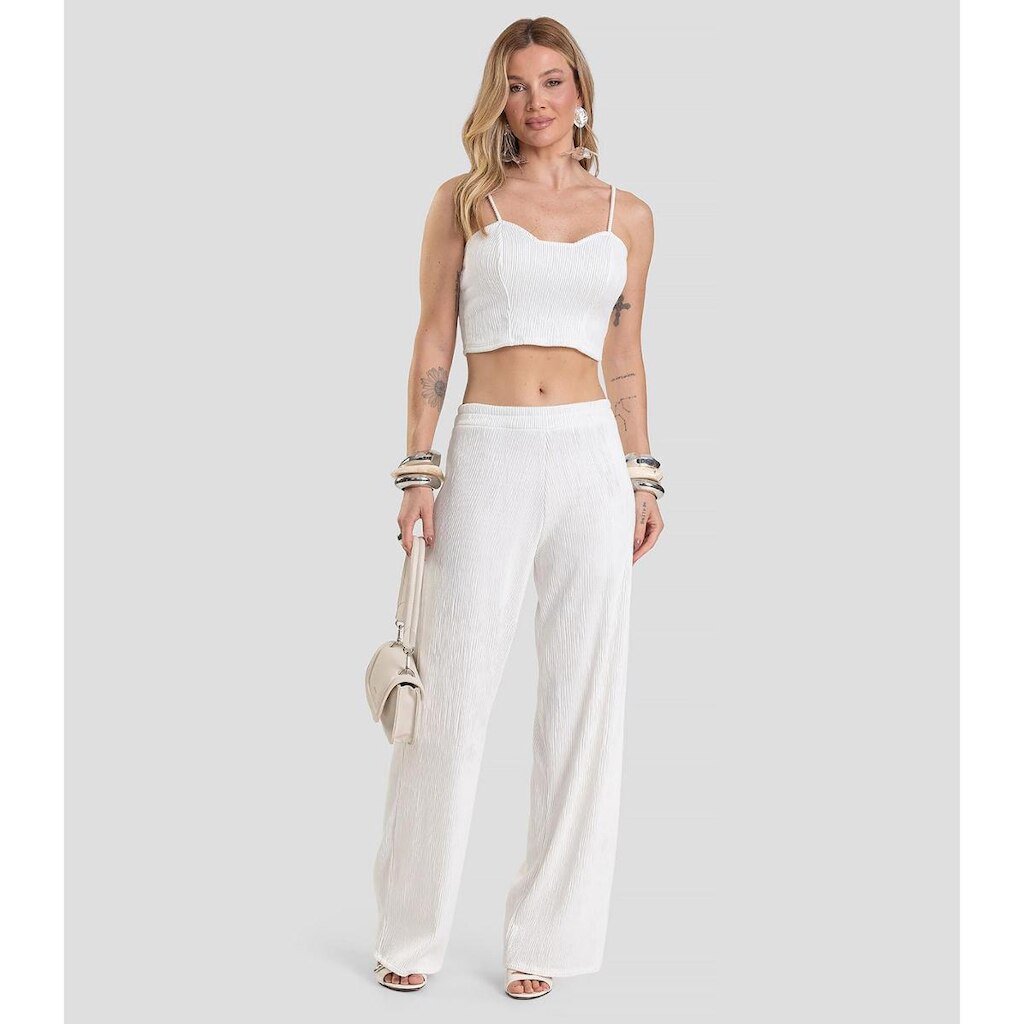 Calça Pantalona Feminina Texturizada Fluída Dianna Bege