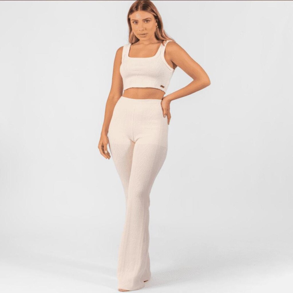 Calça Pantalona Tricot Off White- Riu Kiu
