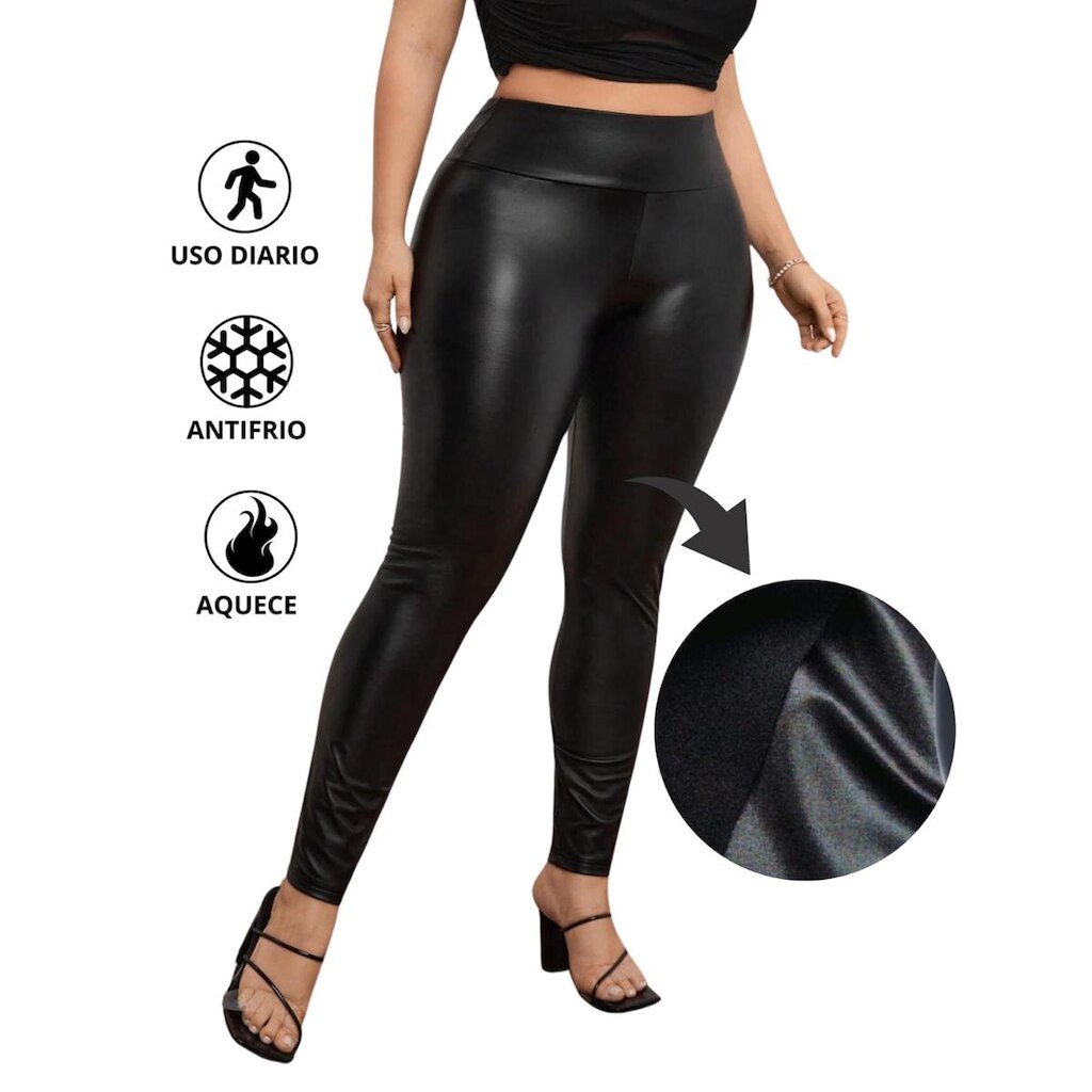 Calça Plus Size Feminina em Cirrê Couro Fake Flanelada Cintura Alta