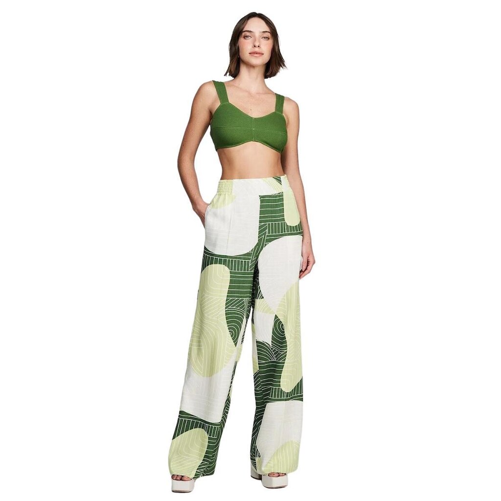 Calça Reta Em Viscose Cintura Alta  Dzarm
