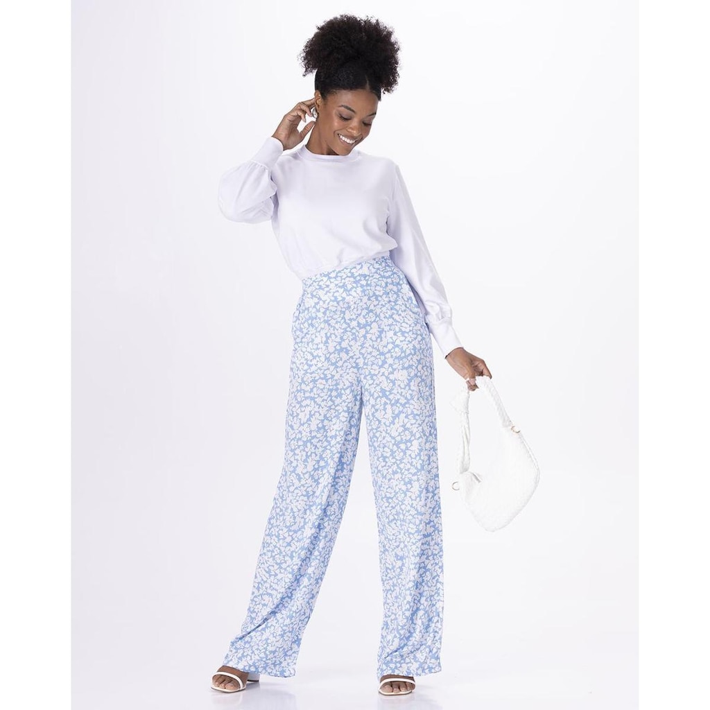 Calça Reta Feminina Floral Em Viscose Texturizada