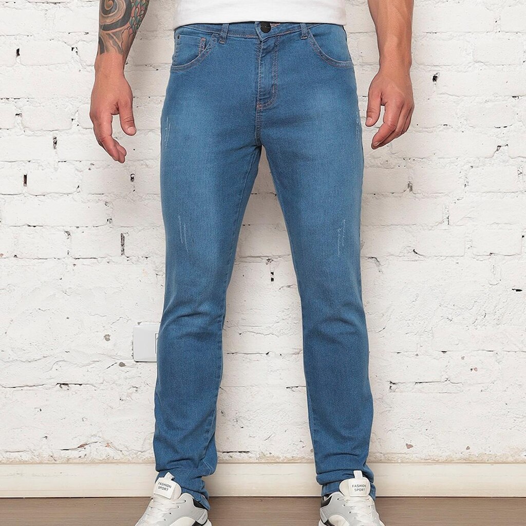 Calça Reta Jeans Masculina Lavagem Clara Confortável