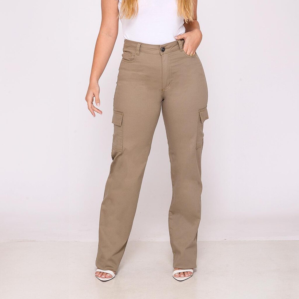 Calça Sarja Cargo Feminina Elastano Cintura Alta