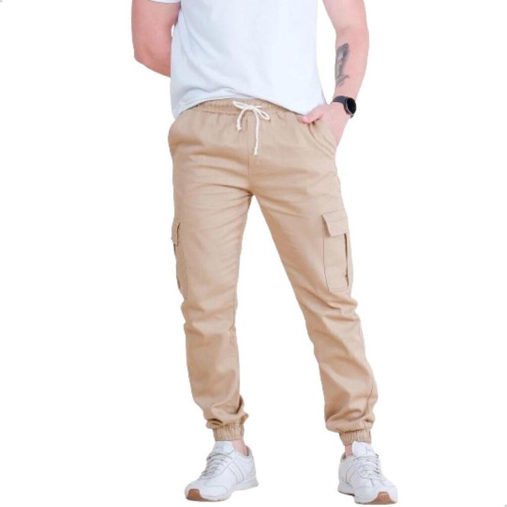 Calça Sarja Cargo Jogger Elástico  Comprido Bolso Com Punhos