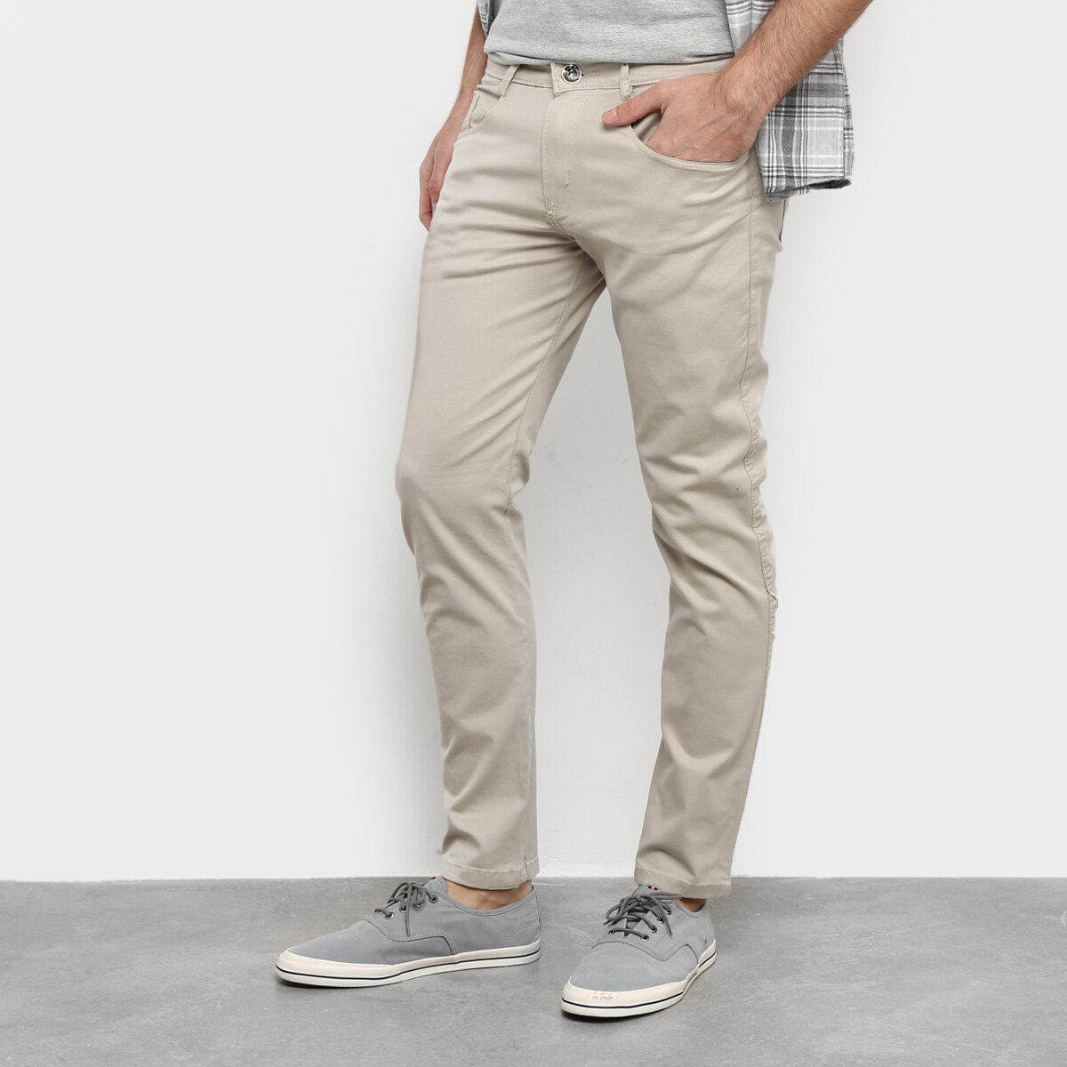 Look Social Masculino Calça Bege Calça Sarja Coffee Skinny Masculina - Bege | Netshoes